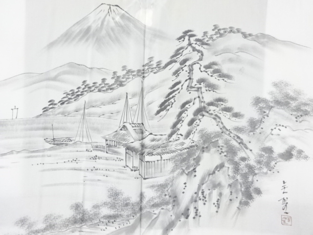JAPANESE KIMONO / ANTIQUE MENS HAORI / HABUTAE / MT. FUJI & PINE(LINING)